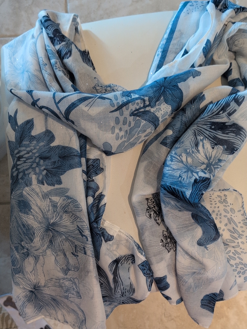 Blue Floral Lightweight Scarf Woth With Sparkle